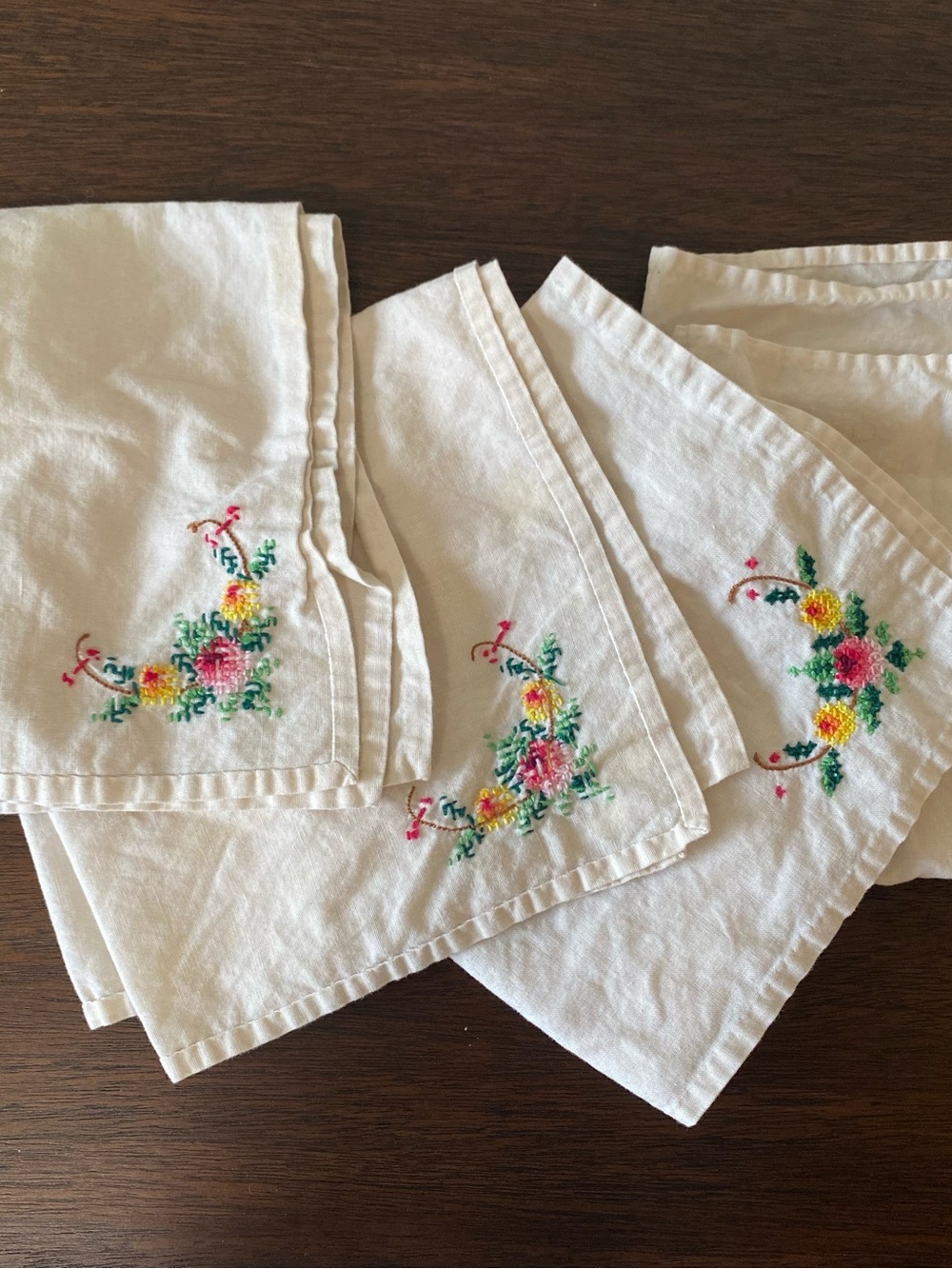 Vintage Hand-Embroidered Floral Cross-Stitch Cloth Napkins - Set of 4